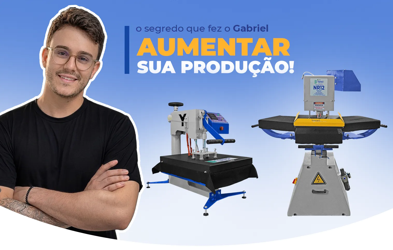 Gabriel com a Prensa Manual e Giratória 3 Berços da Yguaçú Máquinas